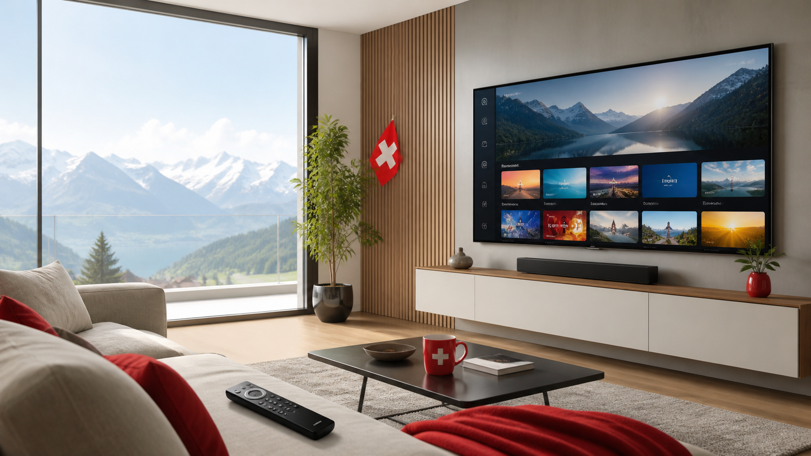 Abonnement IPTV Suisse sur Smart TV 4K dans un salon moderne avec interface TV, montagnes suisses et drapeau suisse